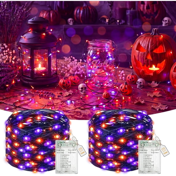 Halloween Fairy Lights Battery Operated, 2 Pack 16FT 50LED Orange Purple Dimmable Twinkle String Lights with Timer and 8 Modes, USB Waterproof for Bedroom Party Decor