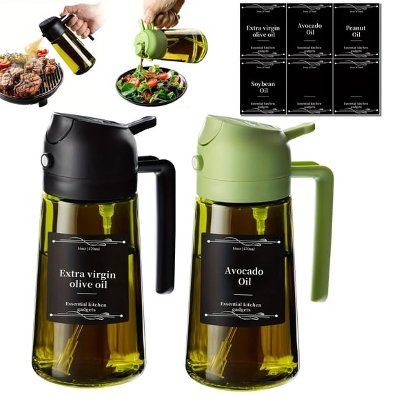 2-Pack 16oz/470ml Olive Oil Dispenser for Kitchen with Stickers - 2 in 1 Olive Oil Sprayer for Cooking, Air Fryer, and Salad - Black&Green