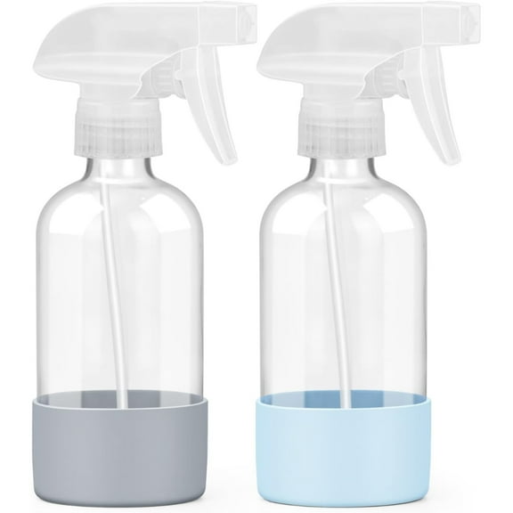 2-Pack 16oz Glass Spray Bottles with Silicone Sleeves - Refillable Empty Bottles with Adjustable Nozzles for Hair, Cleaning & Plants (Blue & Grey)