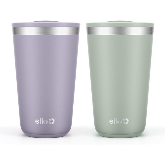 2 Pack 16oz Stainless Steel Stacking Cups with Easy Press Lids | Pint Size Reusable Tumblers for Parties, Home, Camping, Outdoor | Keeps Cold for 16 Hours, Dishwasher Safe | Soft Plum & Sage