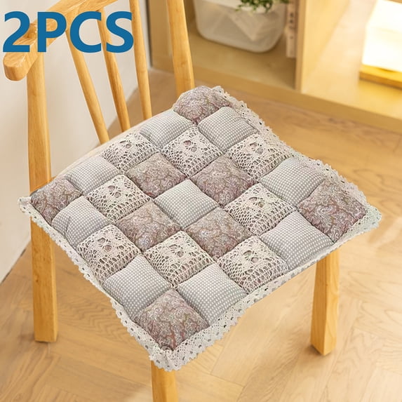 2 Pack 16x16 Inch Patchwork Chair Pads with Ties, Non-Slip Lace Trim Chair Cushions, Farmhouse Floral Print Kitchen Dining Seat Pads for Home Restaurant (Brown)