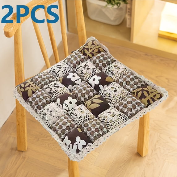2 Pack 16x16 Inch Patchwork Chair Pads with Ties, Non-Slip Lace Trim Chair Cushions, Farmhouse Floral Print Kitchen Dining Seat Pads for Home Restaurant (Brown)