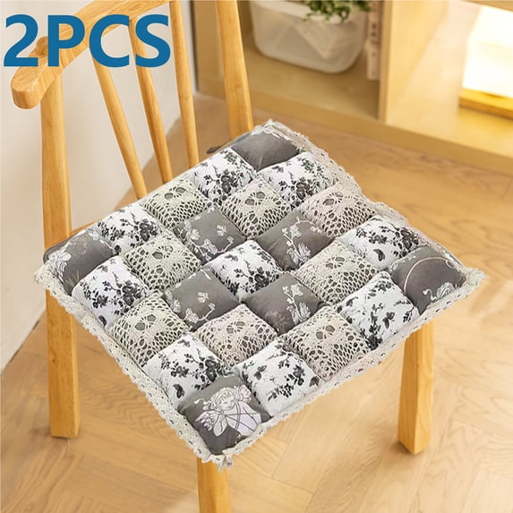 2 Pack 16x16 Inch Patchwork Chair Pads with Ties, Non-Slip Lace Trim Chair Cushions, Farmhouse Floral Print Kitchen Dining Seat Pads for Home Restaurant (Brown)