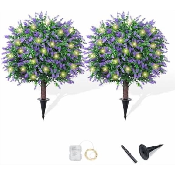 2 Pack 17.3 Artificial Lavender Topiary Trees with LED Lights Battery Operated - Realistic UV Resistant Faux Greenery, with Ground Spike Decor for Outdoor Garden, , Porch, and Indoor Use