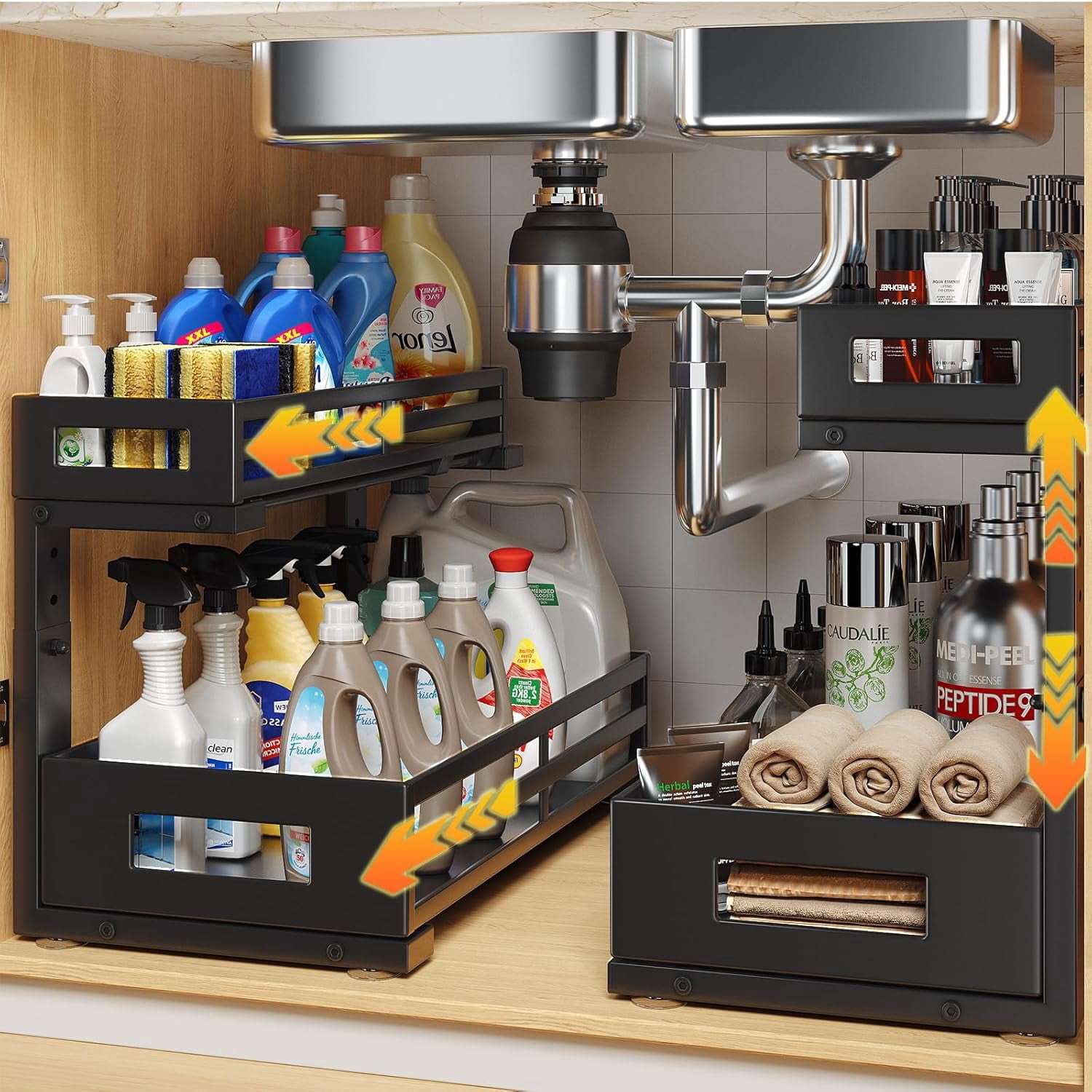 2-Pack 17"Deep Under Sink Organizer And Storage, 2-Tier L-Shaped Pull Out CabinetOrganizer with Upgraded Slide Rails, Height Adjustable Drawers for Kitchen&Bathroom, Extra-Large Storage Shelves–Black
