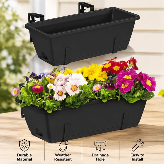 2 Pack 17 Inch Black Rectangle Railing Planter Boxes with Adjustable Brackets Window Deck Hanging Flower Boxes for Outdoor Patio