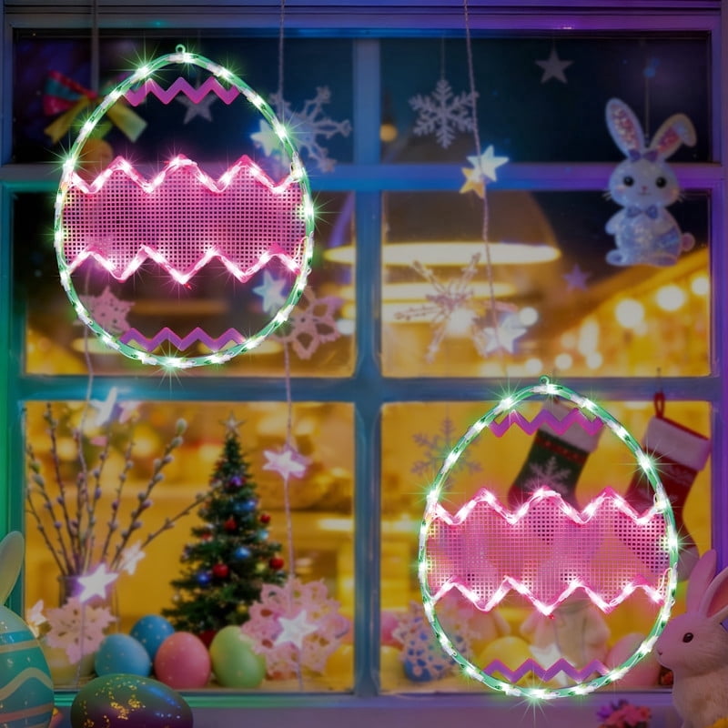 2 Pack 17 Inch Illuminated Easter Egg Window Decor, Green Background Featuring Pink Chevron Stripes