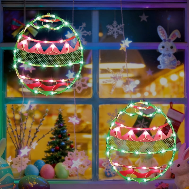 2 Pack 17 Inch Lighted Easter Egg Window Silhouette, Green Base with Pink Chevron Stripes