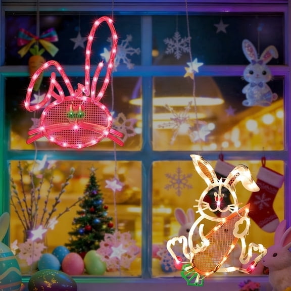 2-Pack 17 Inch Lighted Easter Window Silhouettes, Bunny and Pink Bunny Head Design, Indoor Outdoor Light Up Decor for Window, Wall and Spring Holiday Displays