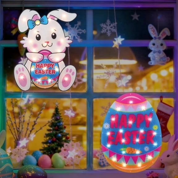 2-Pack 17 Inch Lighted Easter Window Silhouette,Egg and Bunny String Lights Design for Indoor Outdoor Light Up Decor