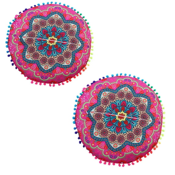 2 Pack 17" Round Pillow Cover, Decorative Mandala Pillow Sham, Bohemian Ottoman Poufs, Pom Pom Pillow Cases, Outdoor Cushion Cover M
