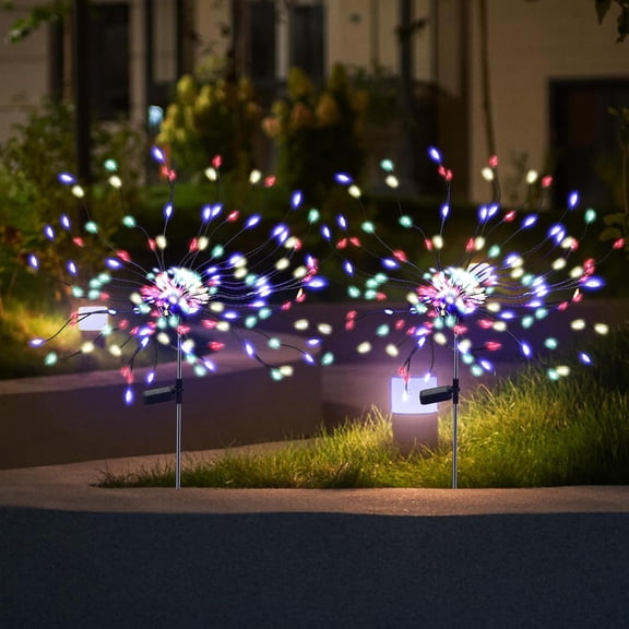 2 Pack 175 LED Solar Firework Lights Outdoor, 4th of July Decorations Solar Garden Light Waterproof with 2 Modes Twinkling Light, Starburst Lights for Landscape Path Light(Colorful)