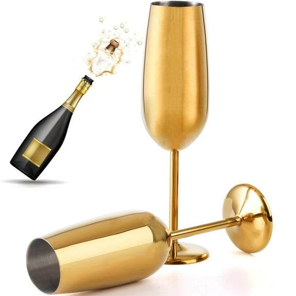 2 Pack 18/10 Stainless Steel Champagne Glasses, Unbreakable 8 OZ Champagne Flutes with Stem, Gold Metal Wine Goblet Cup for Wedding, Party