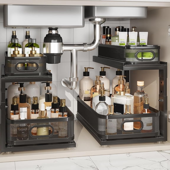 2 Pack 18.5IN Depth Under Sink Organizer with Ball-Bearing Slides, 2-Tier Mesh Pull Out Cabinet Storage for Bathroom and Kitchen, Height Adjustable Drawers, Anti-Rust Black