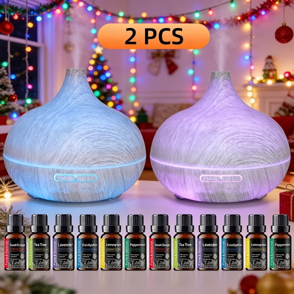 2-Pack 18.6oz Wood Grain Aroma Diffuser with 6 Essential Oils