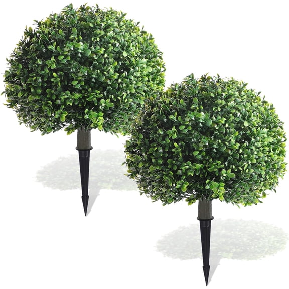 2 Pack 18" Artificial Boxwood Ball Bush Topiary Trees Fake Outdoor Plants, Realistic UV Resistance Faux Shrubs with Spike Greenery Topiary for Front Porch Garden Yard Patio Indoor (Green)