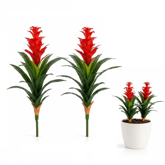 2 Pack 18'' Artificial Bromeliad Flower, Artrylin Fake Flowers Plants Look Real Faux Flowers for Outdoor Planters Front Porch Patio Yard Garden Planter Indoor Decorations (Red)