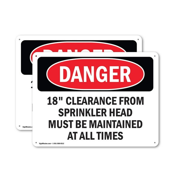 (2 Pack) 18 Clearance From Sprinkler Head Must Be OSHA Danger Sign 24 Inch X 18 Inch Plastic Sign, Weather Resistant, UV Protected for Workplace, Business, and Construction Site, Made