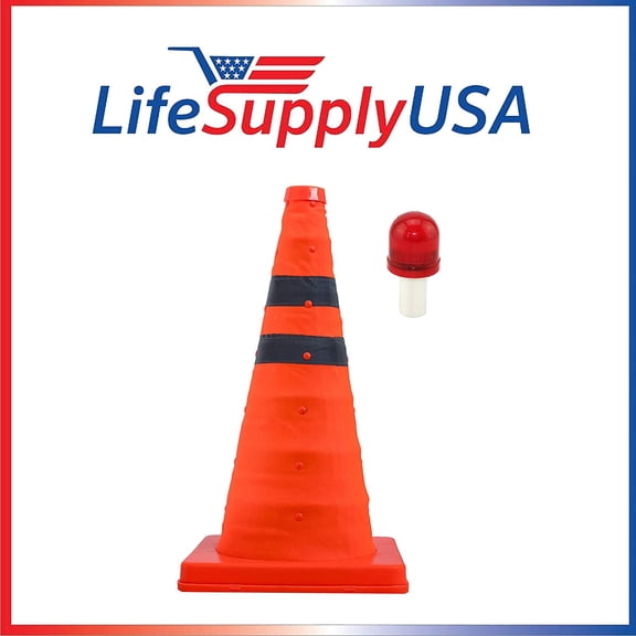 (2-Pack) 18'' Collapsible Traffic Cone with LED Light Lamp Topper, Reflective Multi-Purpose Extendable Road Safety Cone by LifeSupplyUSA