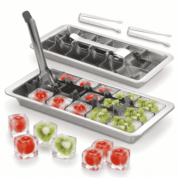 2 Pcak Stainless Steel Ice Cube Trays,18-Slot Ice Trays for Freezer,Metal Ice Cube Trays with Lever Release,304 Stainless Steel Ice Cube Trays,Ice Cube Tray for Parties Picnics Bar & Kitchen Freezer