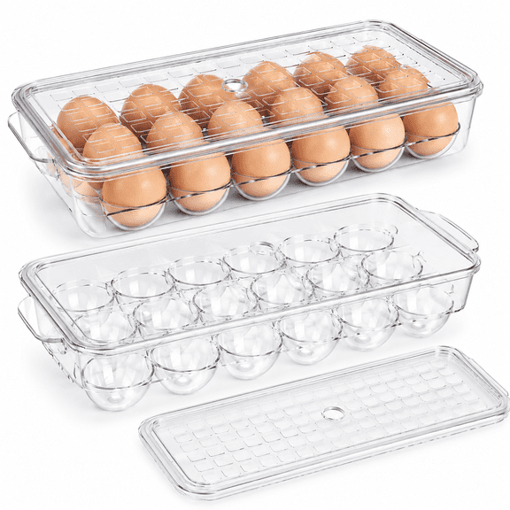 2 Pack 18 Egg Holder for Fridge - Plastic Stackable Egg Tray Holder With Lid - Egg Storage Container Organizer Bins with Air Hole and Handles for Refrigerator, Freezer, Pantry Organization - Clear