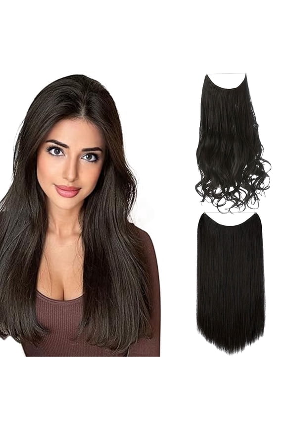 2 Pack 18 Inch Straight & Wavy Halo Hair Extensions, Glueless Invisible Wire