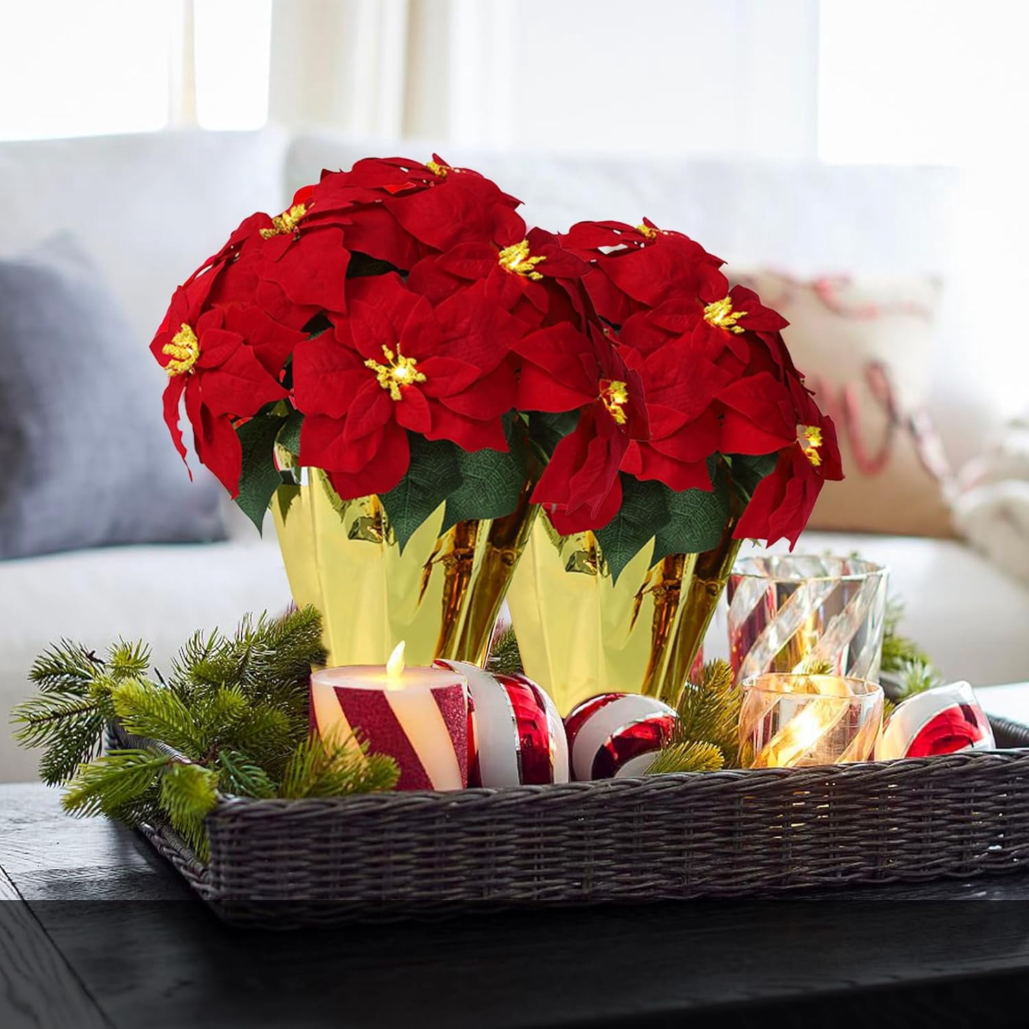 2 Pack 18" Lighted Large Artificial Poinsettias for Outdoors LED