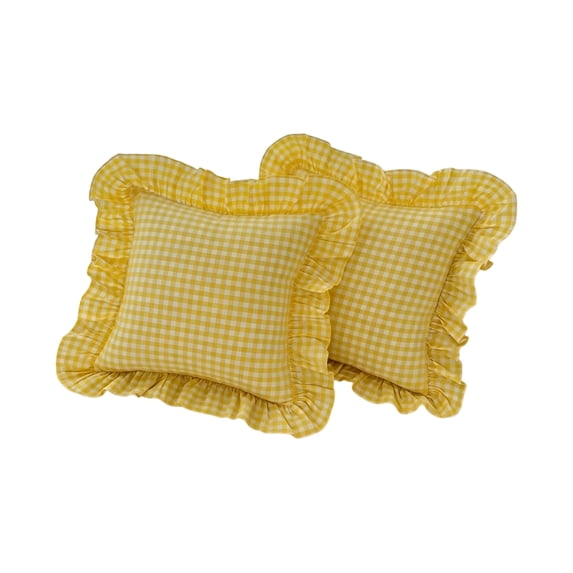 2 Pack 18 x18 inches yellow Checkered Throw Gingham pillow covers 100% Washed Cotton Vintage Ruffle Trim Decorative Gingham Pillowcases with Zipper Closure for Bed/Living Room