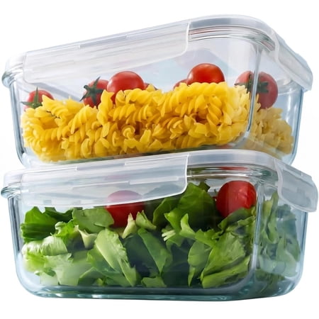 2 Pack 1860ml/ 63oz Large Glass Storage Containers With Lids, Meal Prep Food Container Set With Snap Airtight Lid For Baking, Microwave, Oven, Leak Proof, For Freezer, Dishwasher