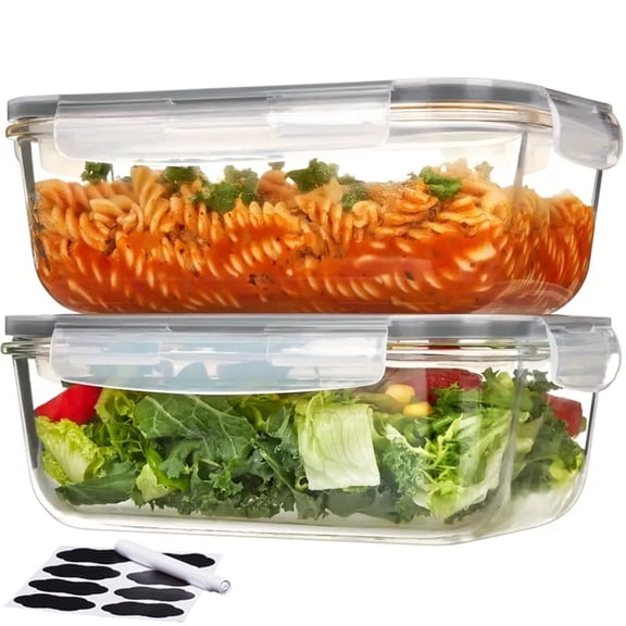 2 Pack 1860ml/ 63oz Large Glass Storage Containers With Lids, Meal Prep Food Container Set With Snap Airtight Lid For Baking, Microwave, Oven, Leak Proof, For Freezer, Dishwasher