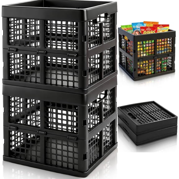 2 Pack 18L Black Square Milk Crates, Collapsible Plastic Milk Storage Tote, Stackable Storage Bins with Easy-Grip Handles, Heavy Duty Versatile Box Organizers for Grocery Shopping, Garage, Home