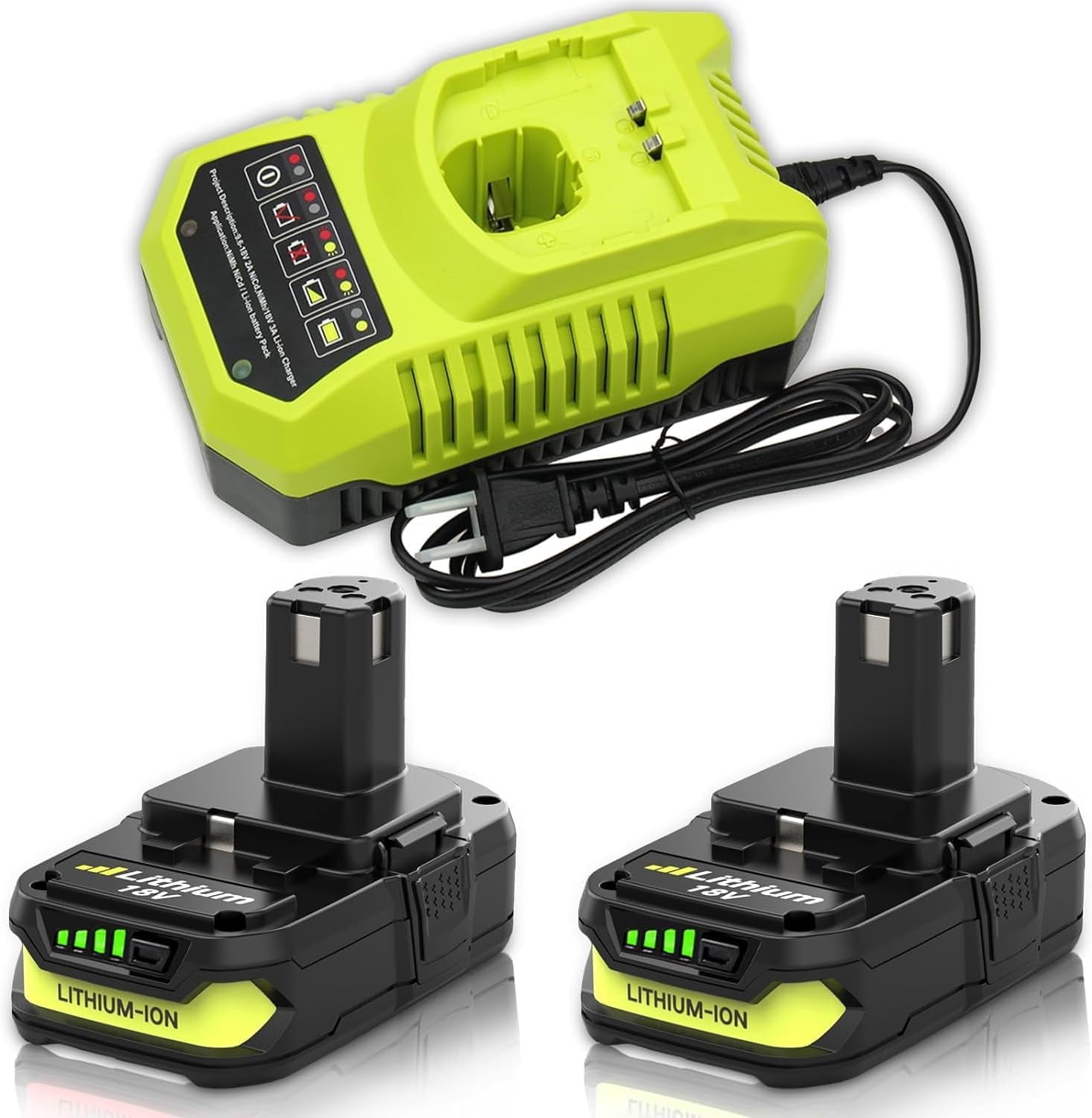 2-Pack 18V 3.0Ah Li-ion Battery & Charger Combo for Ryobi 18V P102 P103 P104 P105 P107 P108 P109 P190 P191 P122 Power Tools