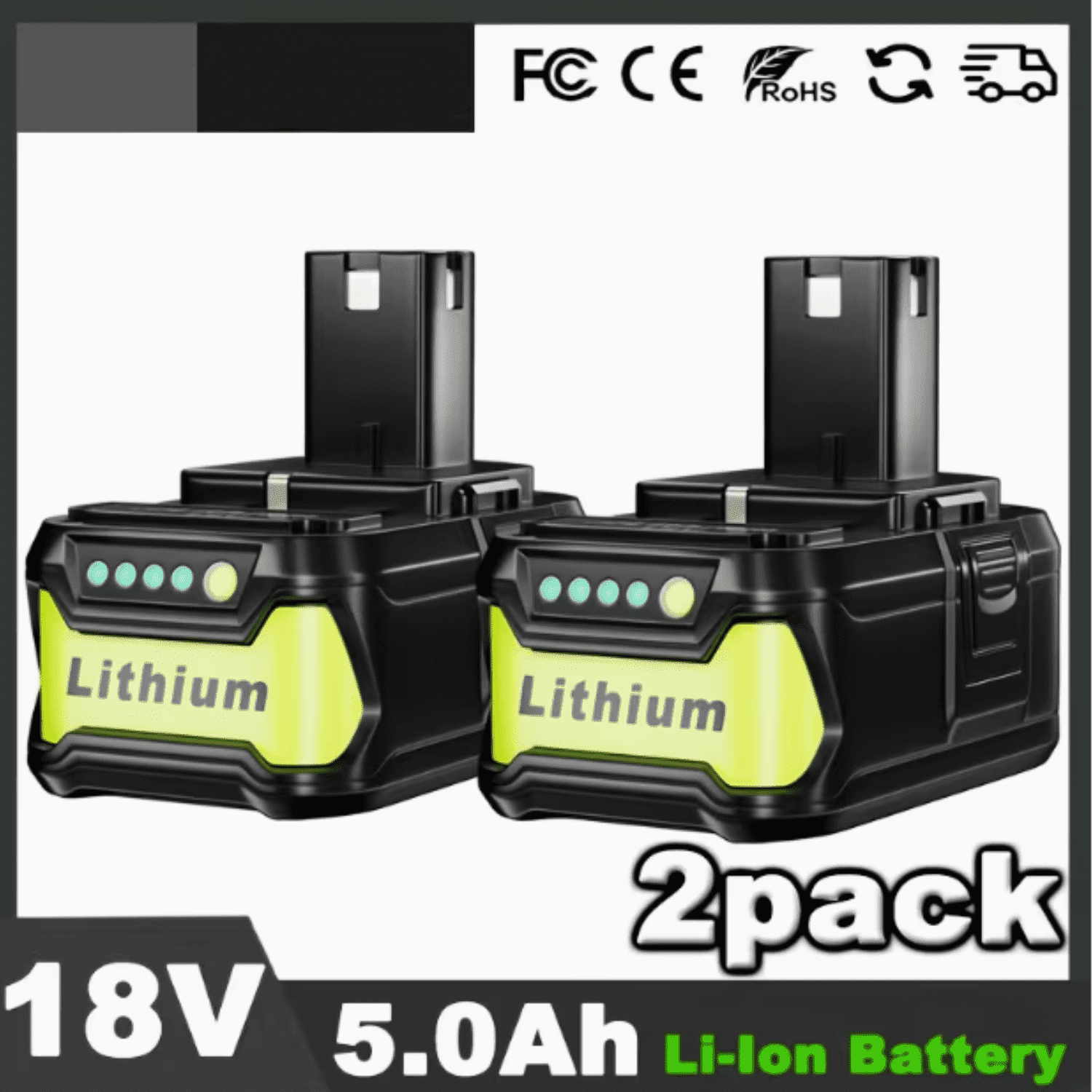 2-Pack 18V 5.0Ah Lithium lon Rapid Rechargeable Replacement Ryobi Battery, Compatible with 18V One+ Power Tools P100 P102 P103 P104 P105 P107 P108 P109