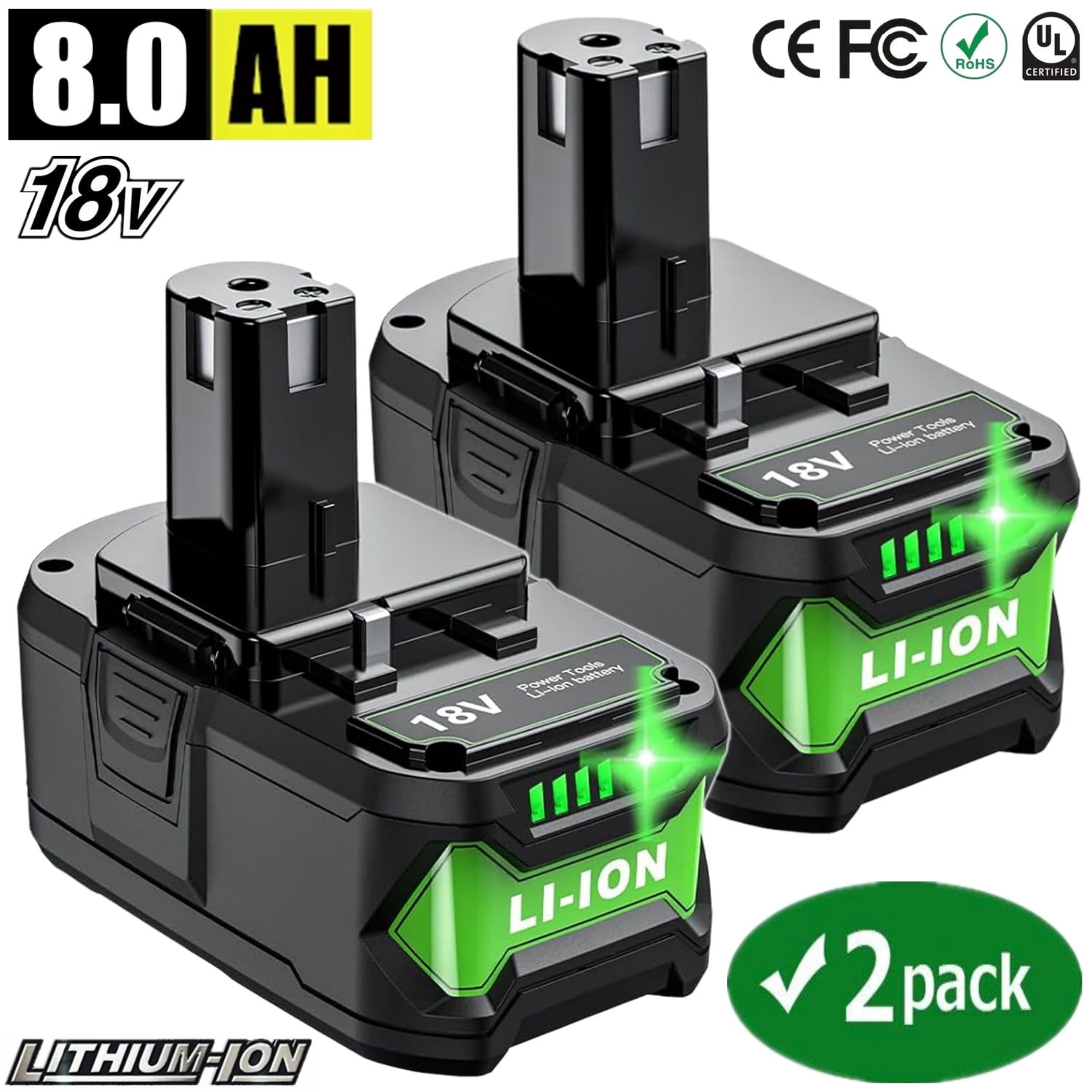 2-Pack 18V Battery 8.0Ah Lithium for Ryobi 18VOLT Cordless Tools P108 P107 P105 P104