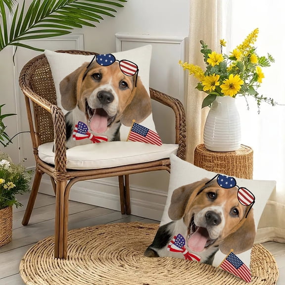 2 Pack 18x18 Inch Polyester Patriotic 4th of July Throw Pillow Covers, Beagle Dog Cushion Cases for Indoor Outdoor Sofa Bedroom Living Room Independence Day Home Decor