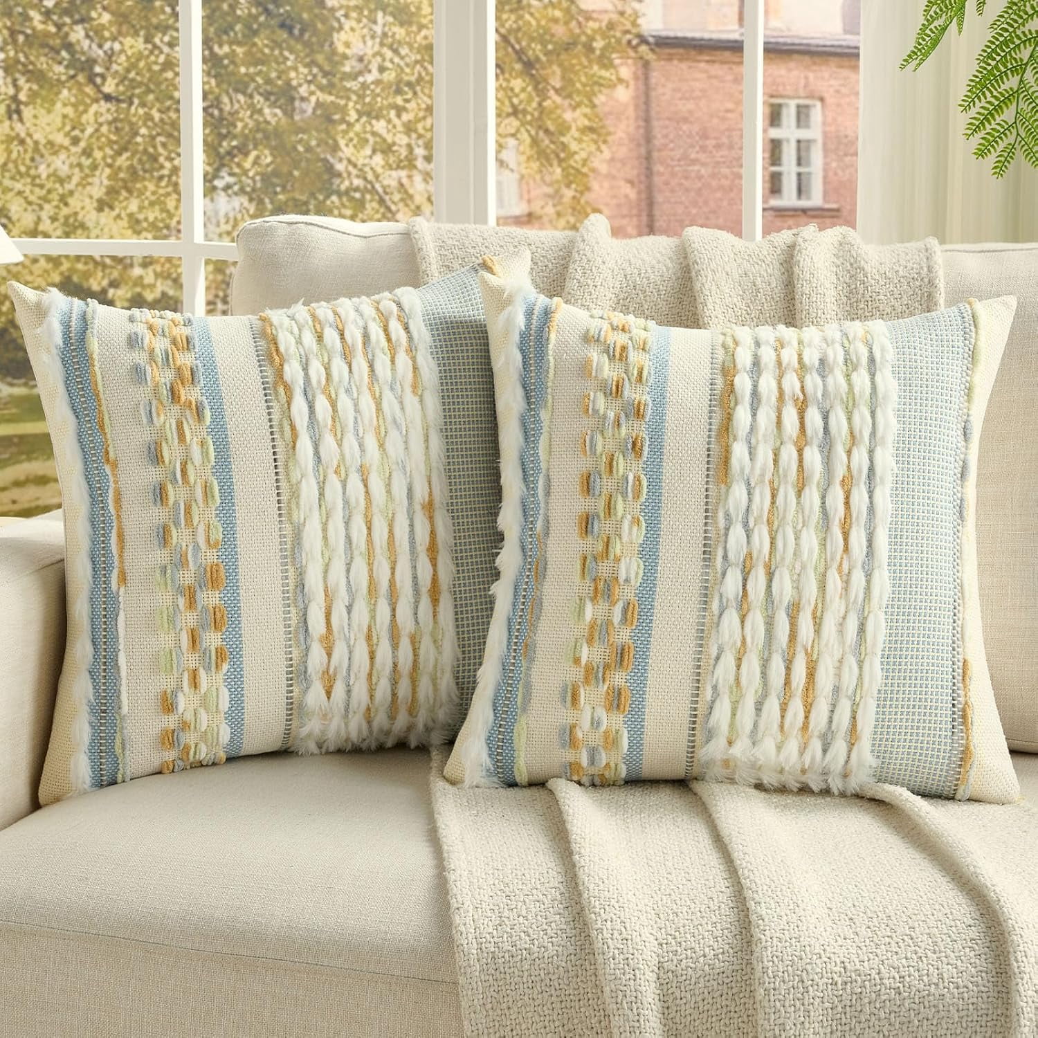 2 Pack 18x18 Inch Tufted Throw Pillow Covers, Grey Blue + Mustard ...