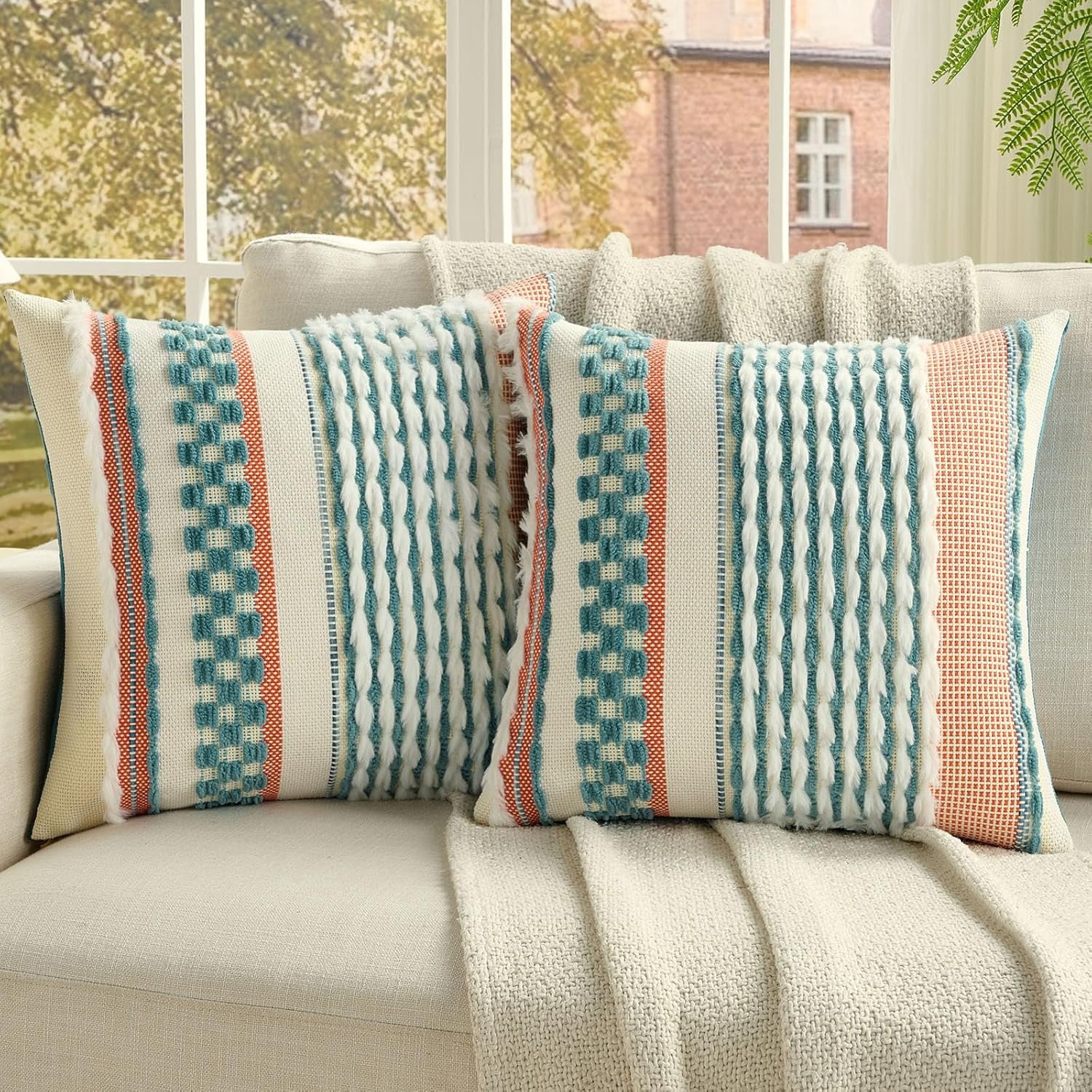 2 Pack 18x18 Inch Tufted Throw Pillow Covers, Teal Plush Striped ...