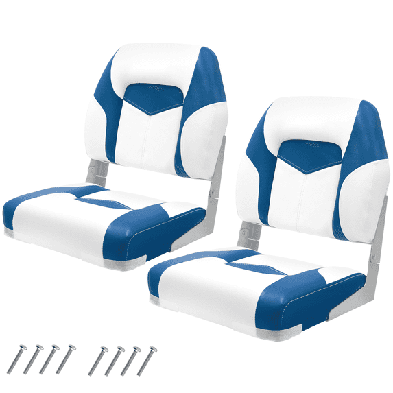 2-Pack 19.6" Low Back Boat Seats, Fold-Down Captain Chairs with Thick Padding & Hinge, Marine Fishing Seats White & Blue