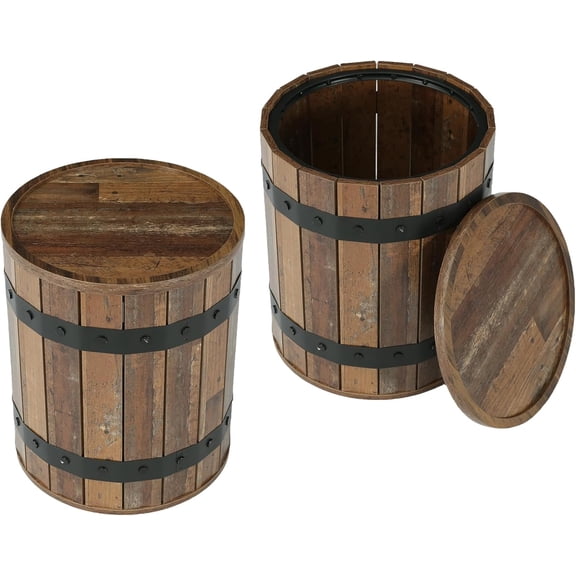 2-Pack 19.7" Round Barrel Side Tables with Hidden Storage, Farmhouse Rustic Wooden End Tables with Removable Lids, 24" Tall Sofa Side or Bedside Nightstands for Living Room