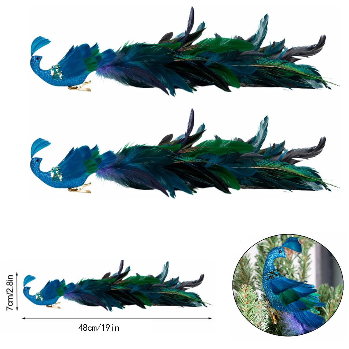 2 Pack 19" Peacock Christmas Ornaments Decorations Artificial Peacock