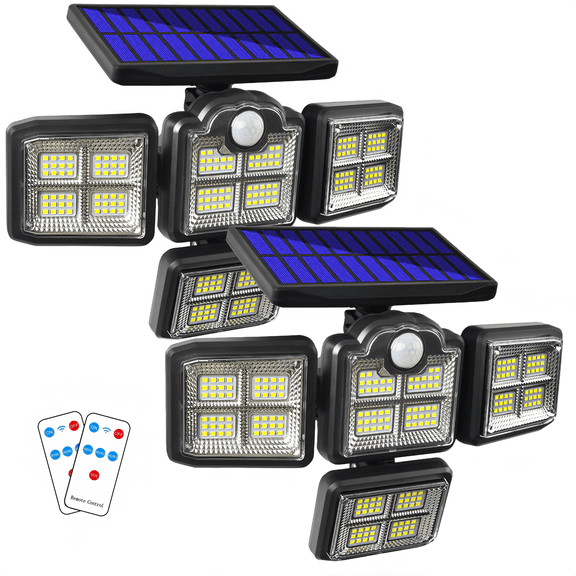 2-Pack 198 LED Solar Flood Light Wall Lamp, Outdoor Motion Sensor Lights Waterproof Wireless Spotlight 3 Adjustable Head 360 Wide Beam Angle Illumination Security Light for Garage Yard Garden Patio