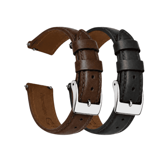 2 Pack 19mm Leather Watch Band, Black and Dark Brown Replacemen Leather Straps with Silver Stainless Steel Buckle, Quick Release Wrist Band Gift for Husband Dad Birthday Christmas