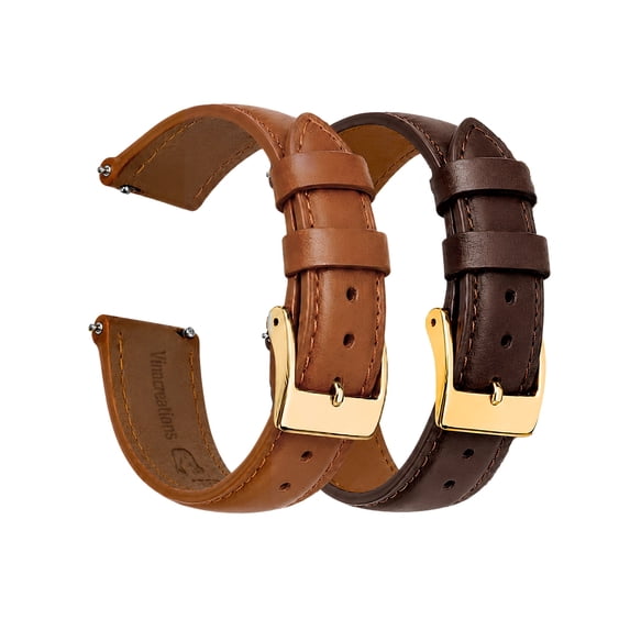 2 Pack 19mm Leather Watch Band, Tan Brown and Dark Brown Leather Straps with Gold Stainless Steel Buckle, Quick Release Wrist Band Gift for Husband Dad Birthday Christmas