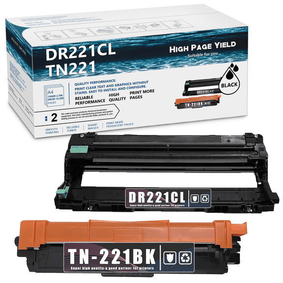 2-Pack (1Drum+1BK) DR221CL Drum Unit TN221 Compatible Toner Cartridge Replacement for Brother HL-3140CW 3150CDN 3170CDW 3180CDW Printer