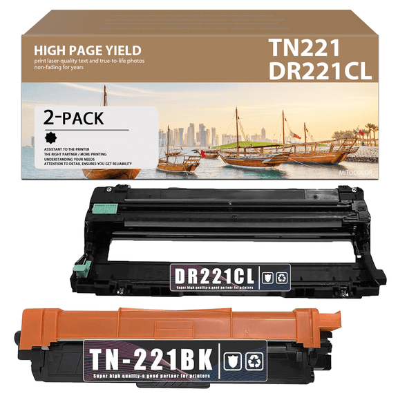 2-Pack (1Drum+1BK) DR221CL Drum Unit TN221 Compatible Toner Cartridge Replacement for Brother HL-3140CW 3150CDN 3170CDW 3180CDW Printer