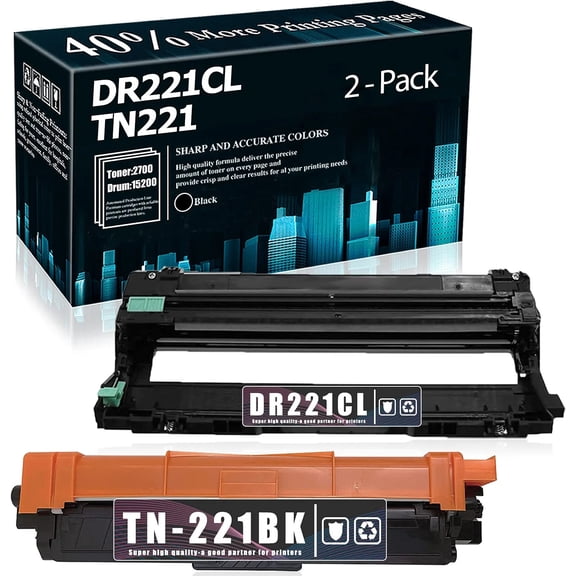 2-Pack (1Drum+1BK) DR221CL Drum Unit TN221 Compatible Toner Cartridge Replacement for Brother HL-3140CW 3150CDN 3170CDW 3180CDW Printer