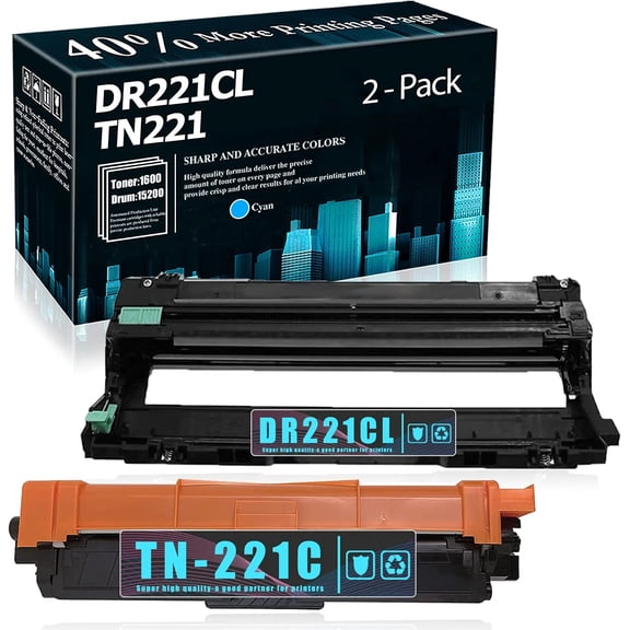 2-Pack (1Drum+1C) DR221CL Drum Unit TN221 Compatible Toner Cartridge Replacement for Brother HL-3140CW 3150CDN 3170CDW 3180CDW Printer