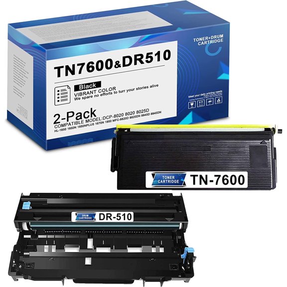 2-Pack (1Toner+1Drum) Black TN7600 TN-7600 Compatible Toner Cartridges & DR510 DR-510 Drum Units Compatible for Brother DCP-8040 8045D HL-5170DN MFC-8820D 8840D 8840DN Printers