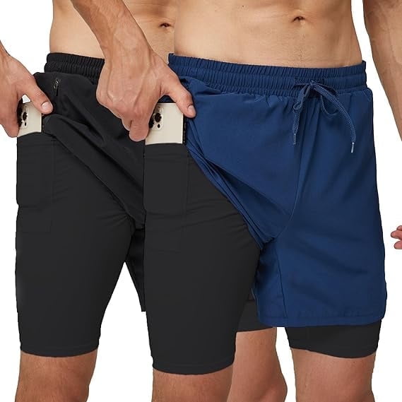 2 Pack 2 in 1 Mens Running Shorts Dry Fit Gym Shorts Lightweight Sport Athletic Training Shorts with Zipper Pocket Compression Base Liner Workout Short