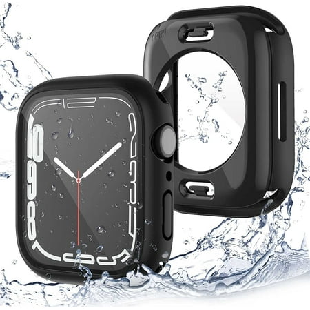 [2 Pack] 2 in 1 Waterproof Case Compatible for Apple Watch 44mm SE Screen Protector Series 6 5 4 Tempered Glass Film PC Face Cover & Back Bumper for iWatch Accessories - 44mm Black x2